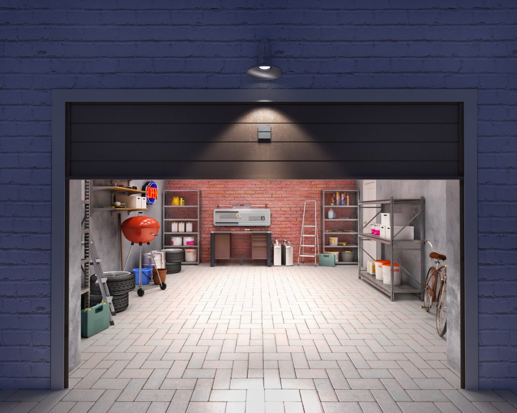 Garage with open door, look outside at night, 3d illustration