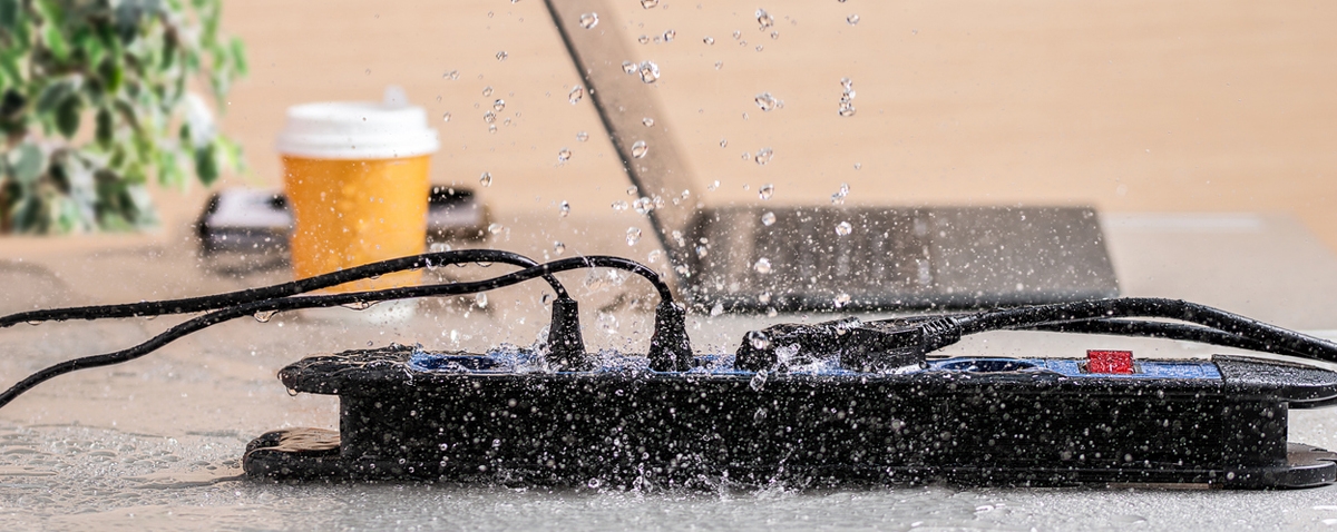 Water splashing on an extension cord strip on a desk