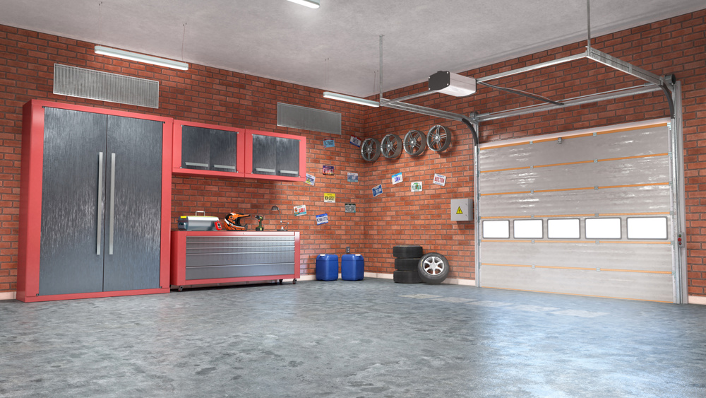 Garage with rolling gate interior. 3d illustration