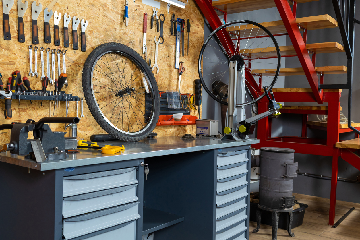a garage interior with wall organizer and storage