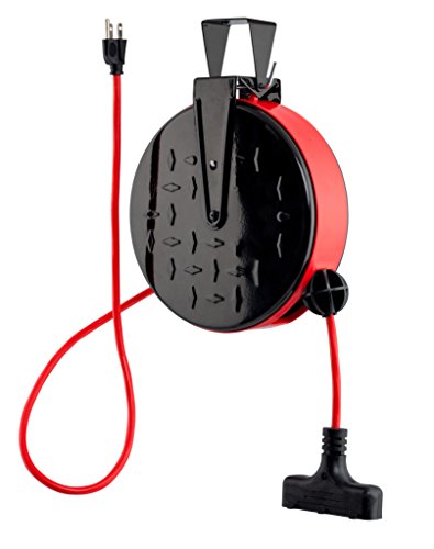 CopperPeak 30 ft Retractable Extension Cord Reel – Ceiling or Wall Mount – 16 gauge – Red and Black