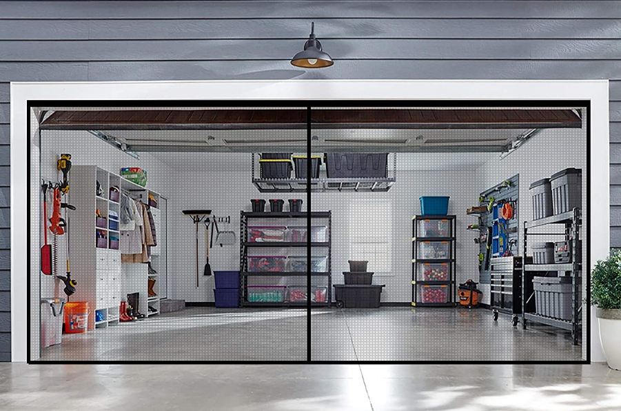 an image of a garage with a screen curtain