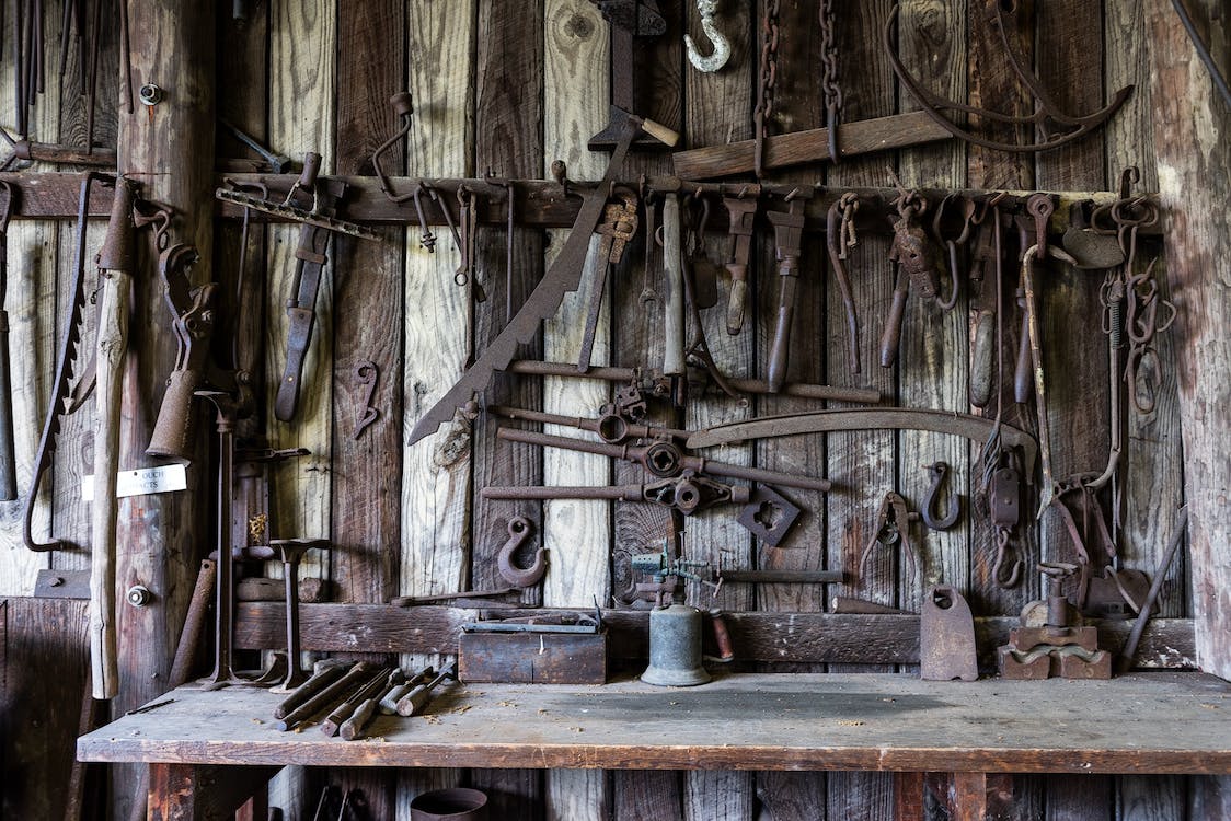 blacksmith tools in a garage