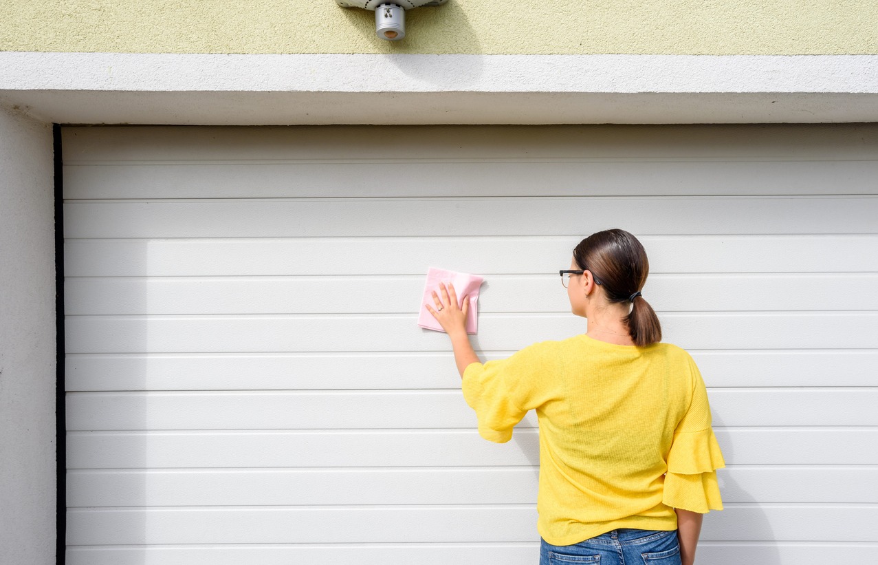 A woman cleaning the garage door